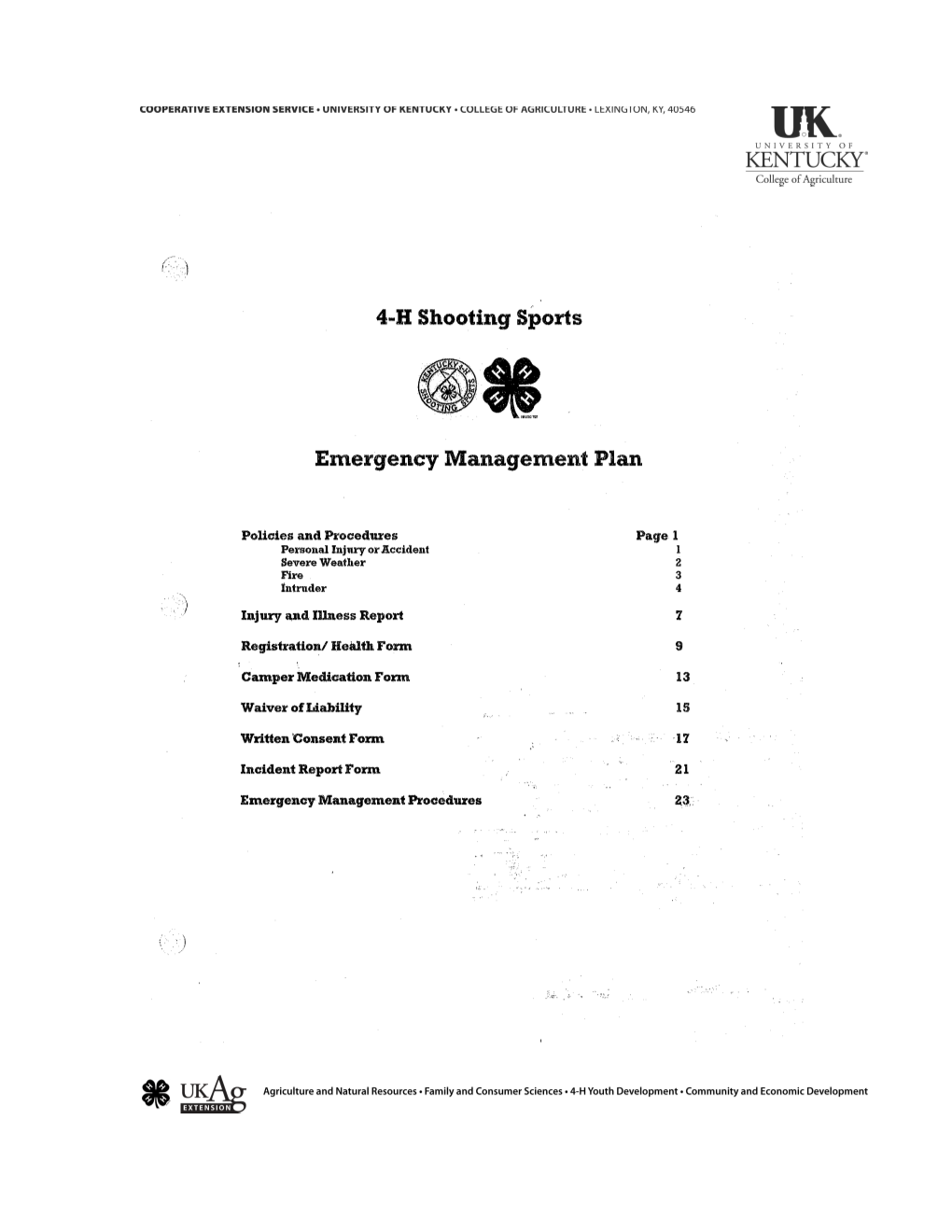 This Emergency Management Plan Has Been Developed for the 4-H Shooting Sports Education