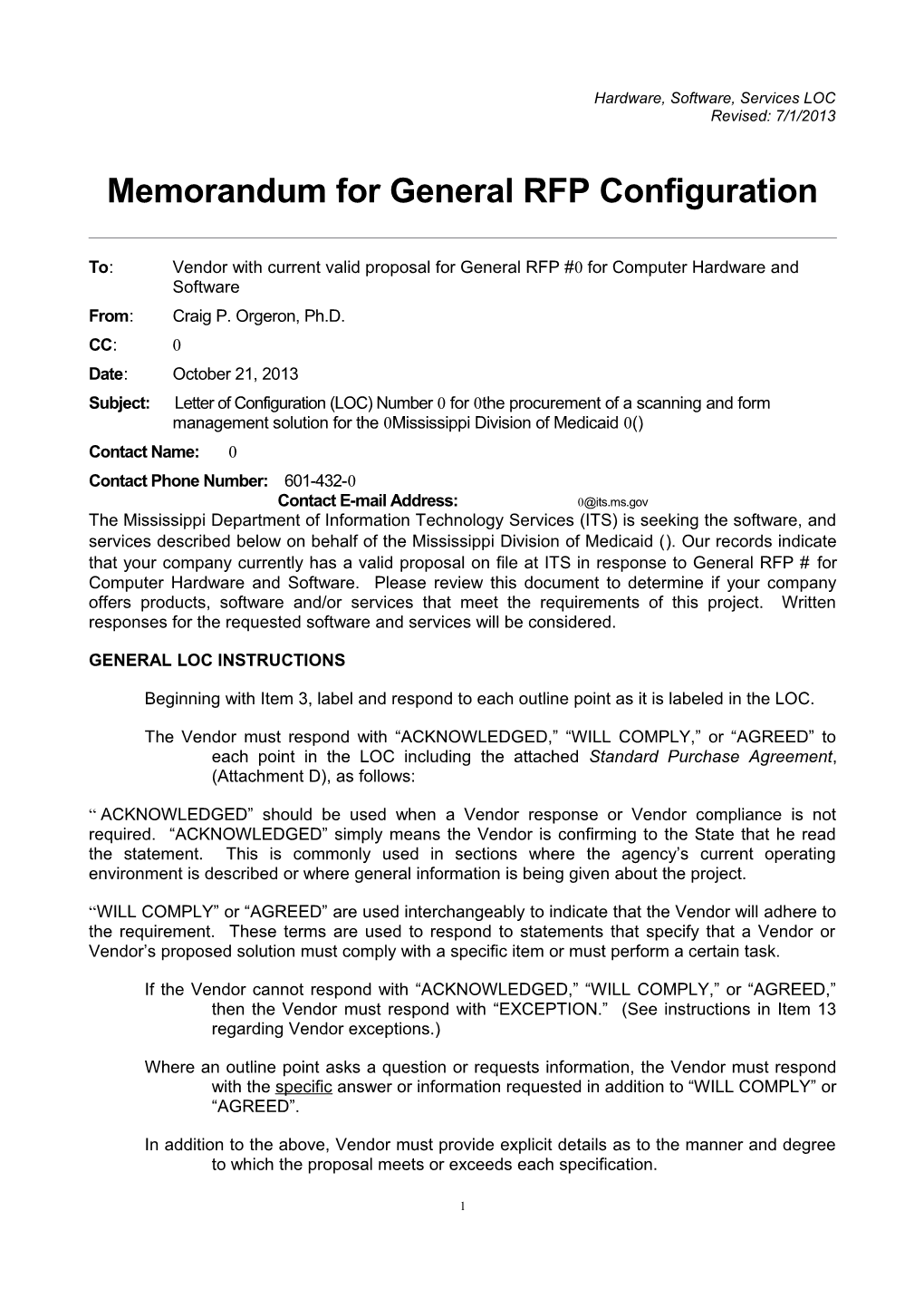Memorandum for General RFP Configuration s13