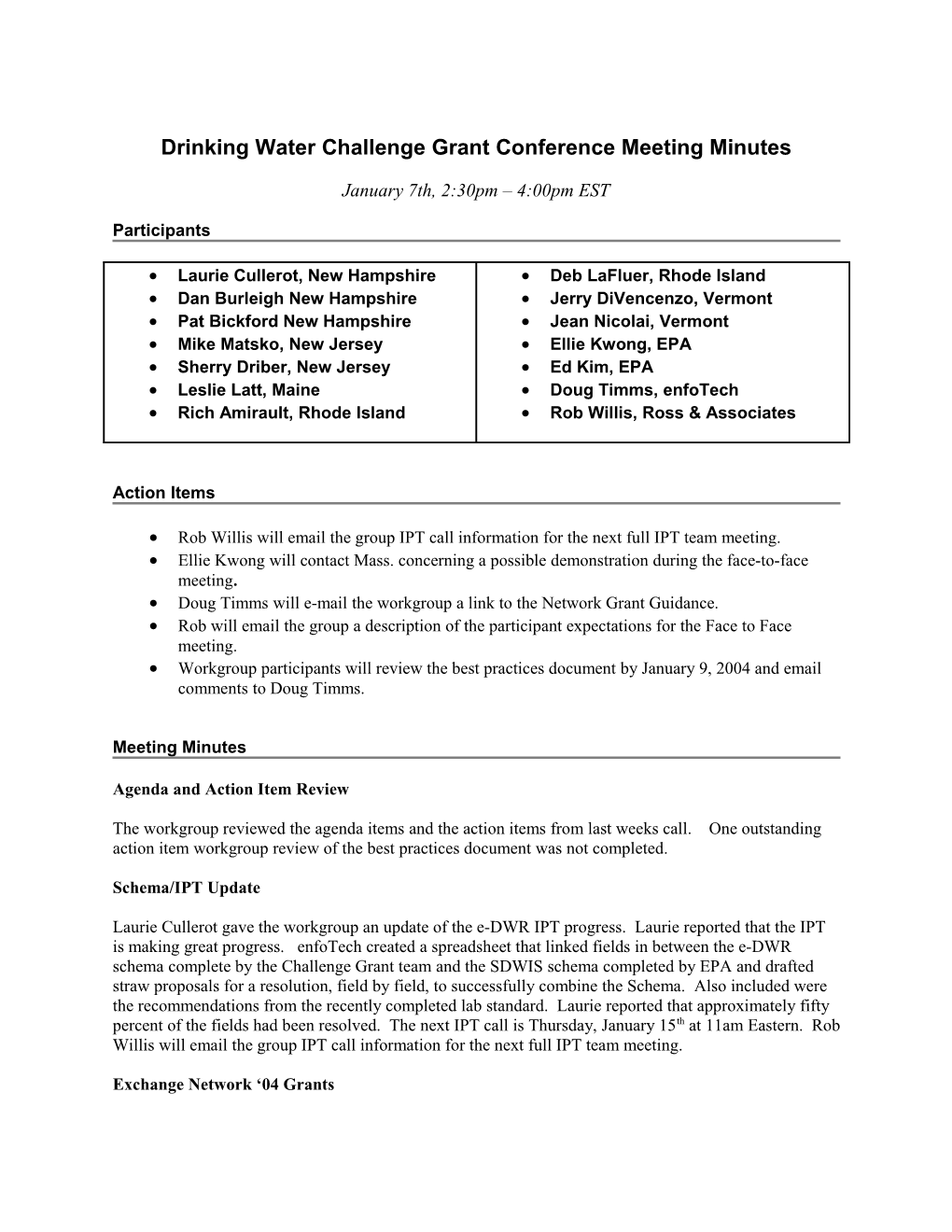 Drinking Water Challenge Grant Conference Meeting Minutes