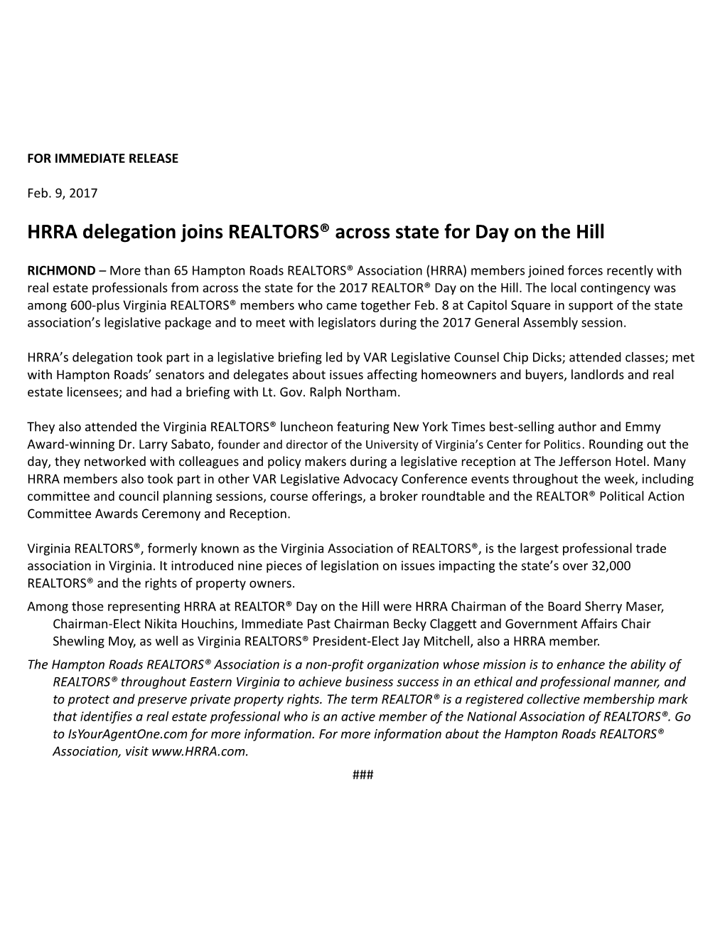 HRRA Delegation Joins REALTORS Across State for Day on the Hill