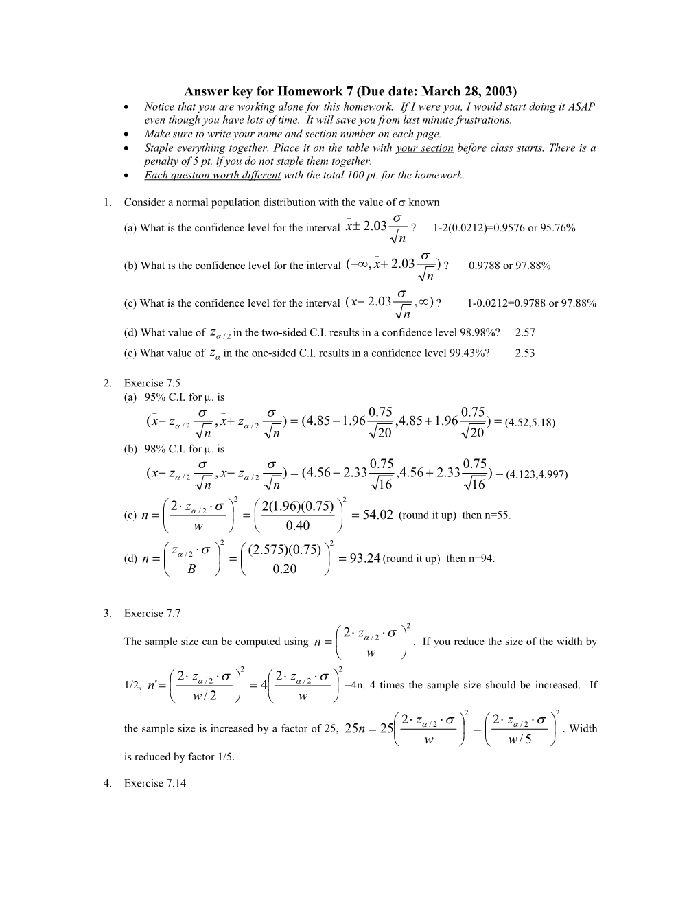 Answer Key for Homework 7 (Due Date: March 28, 2003)