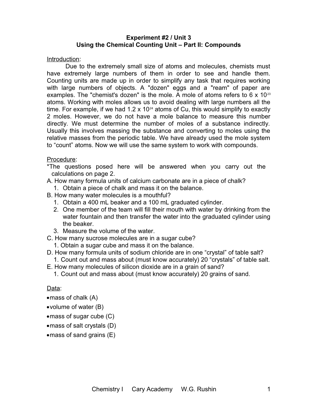 Using the Chemical Counting Unit Part II: Compounds