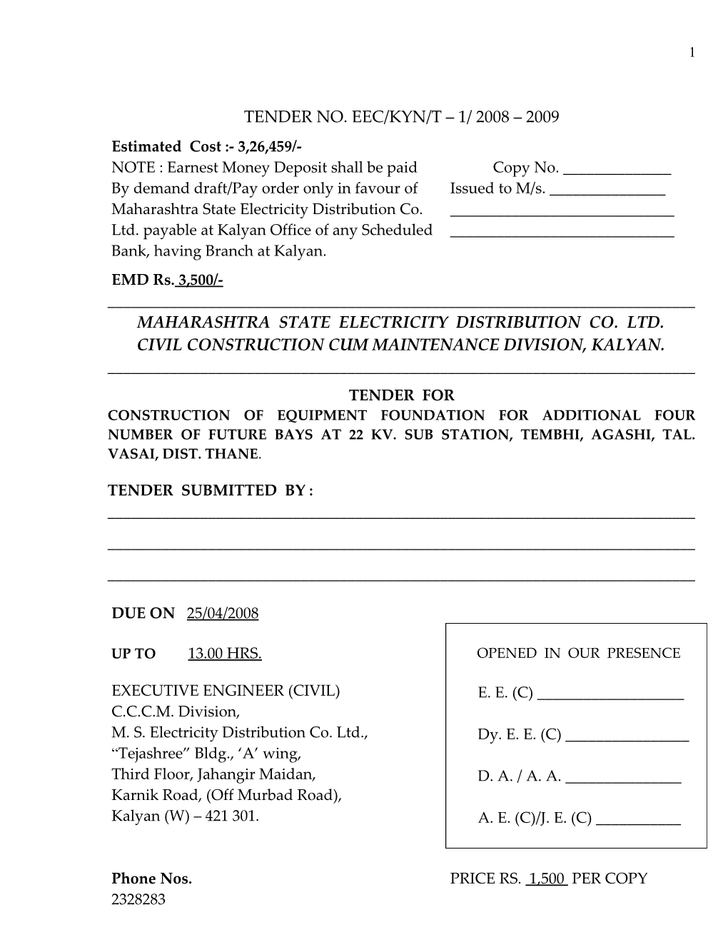 Excel Sheet Proforma of Tender Index s1