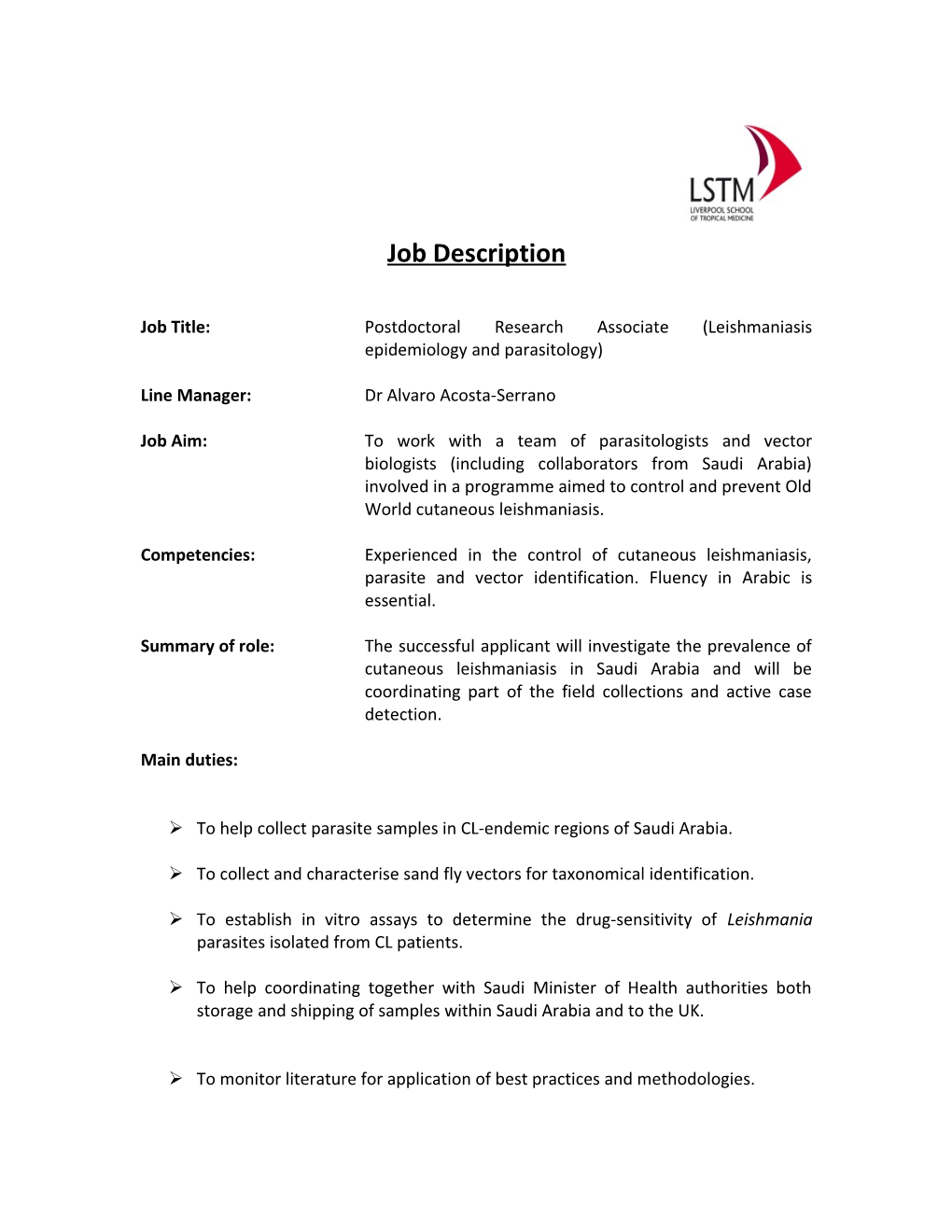 Job Title: Postdoctoral Research Associate (Leishmaniasis Epidemiology and Parasitology)