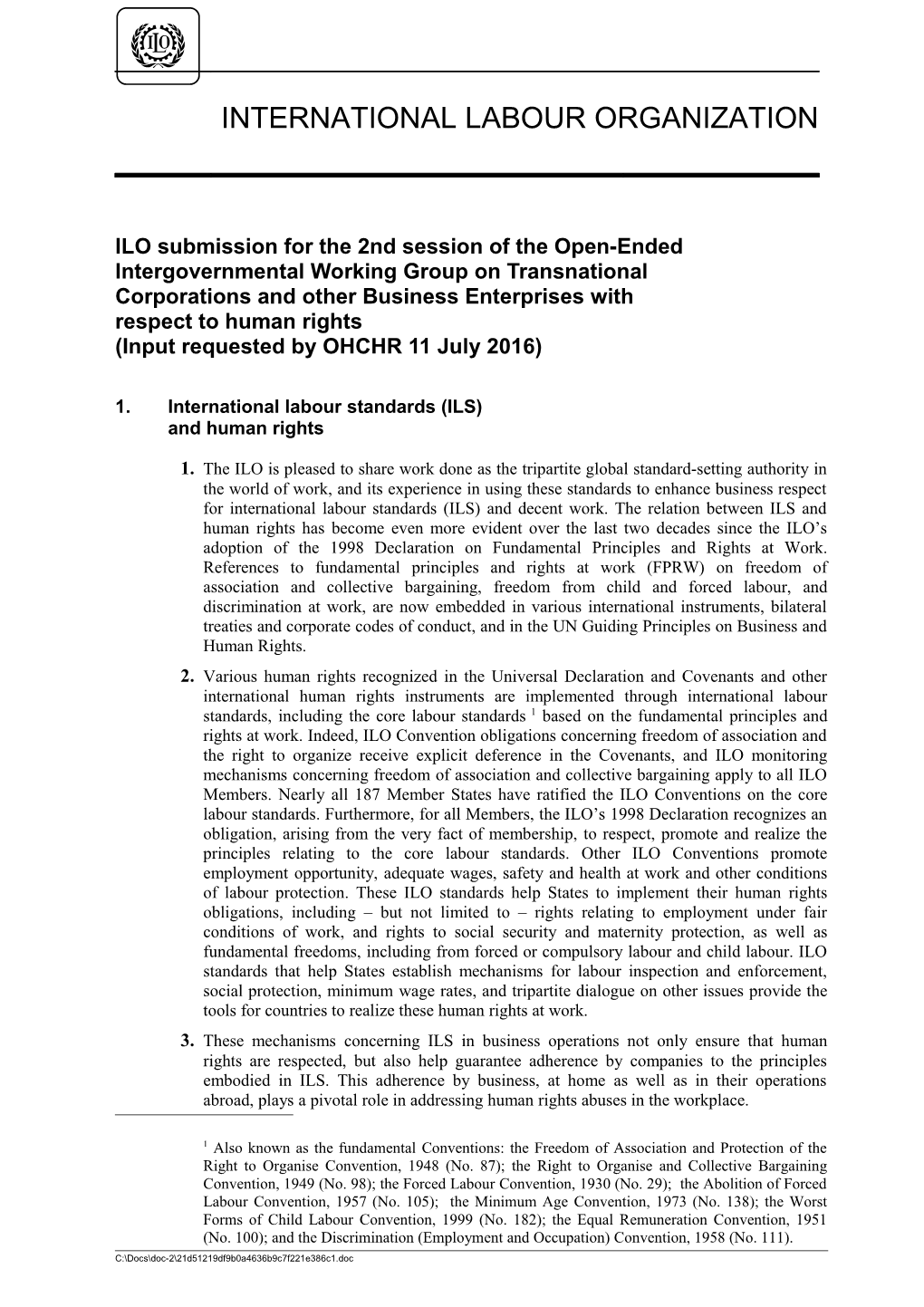 ILO Activities in Support of Implementation of United Nations General Assembly Resolution