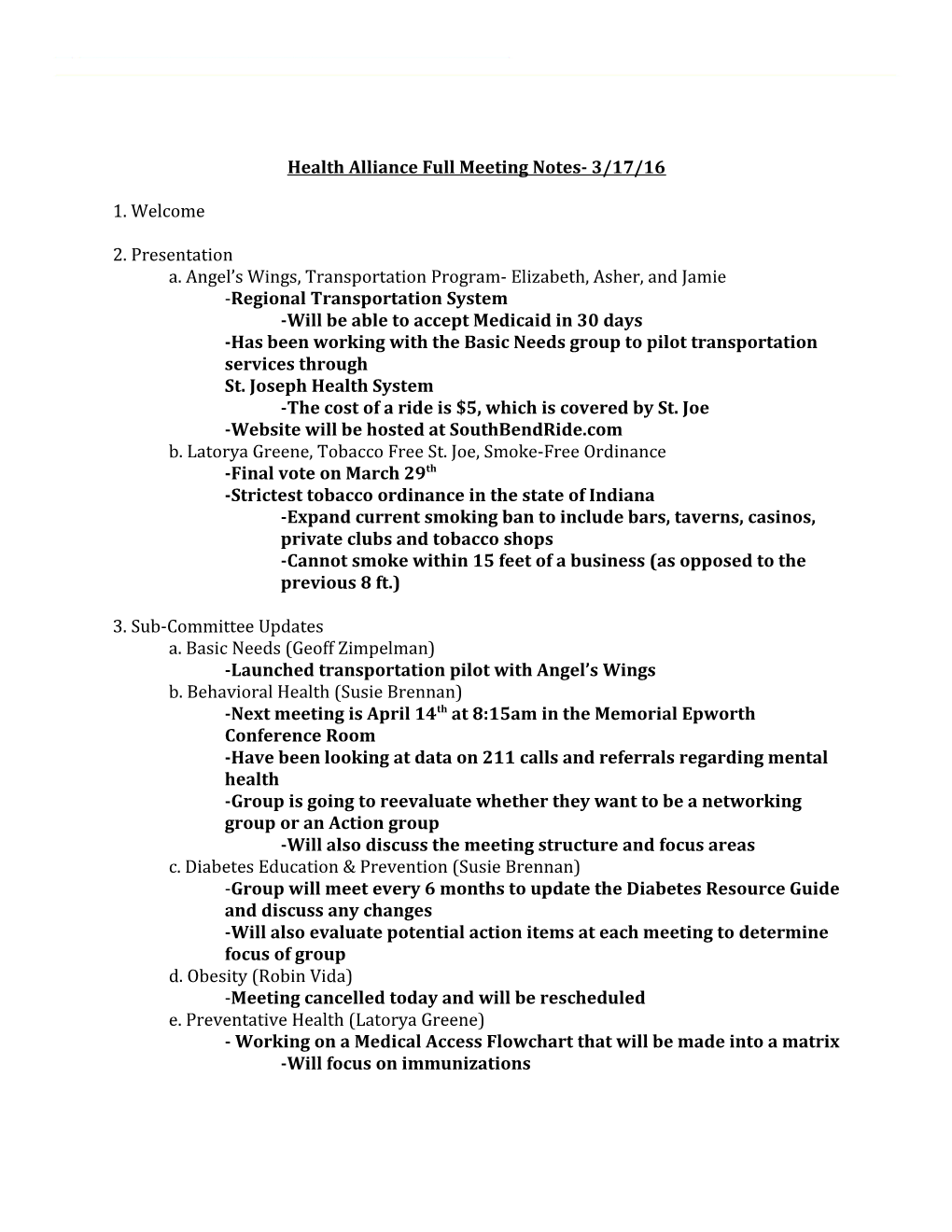 Health Alliance Full Meeting Notes- 3/17/16