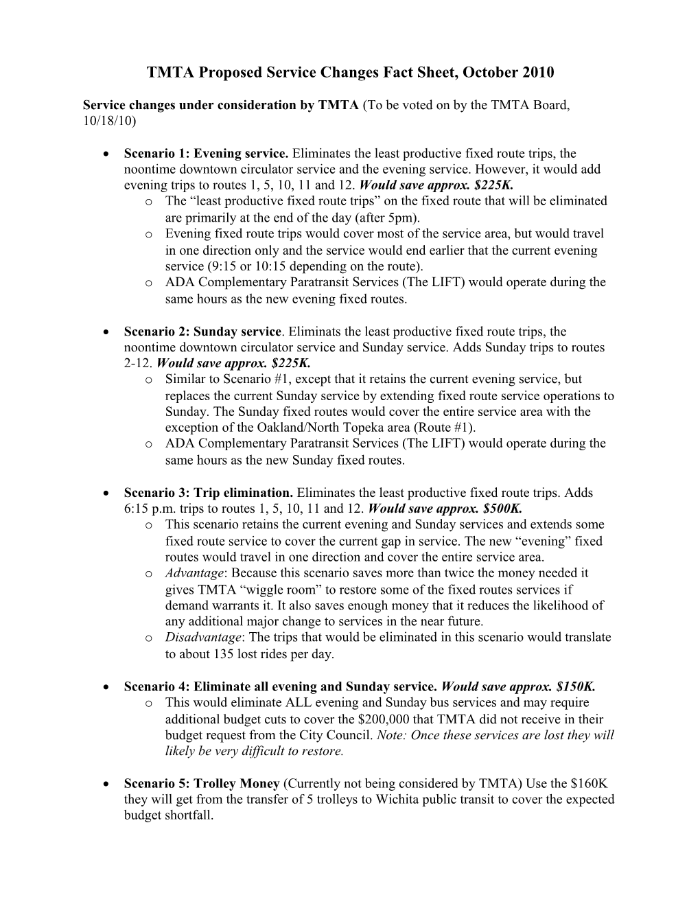 TMTA Proposed Service Changes Fact Sheet, October 2010