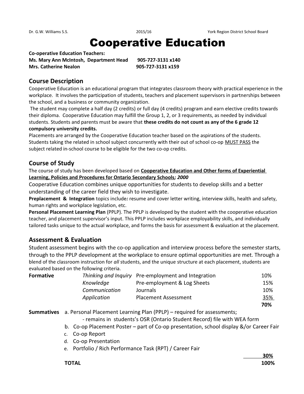 Coop Course Outline 2015-2016