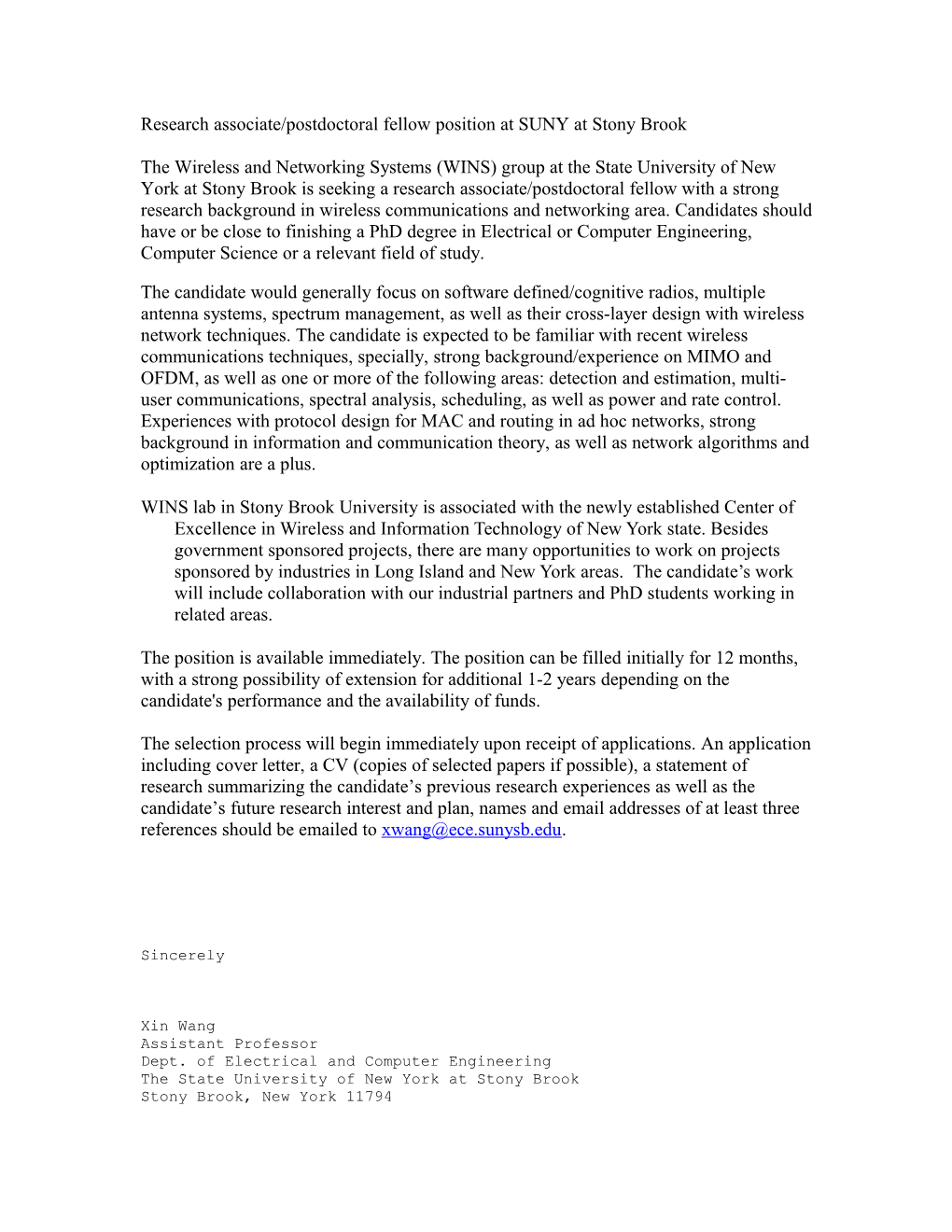 Research Associate/Postdoctoral Fellow Position at SUNY at Stony Brook