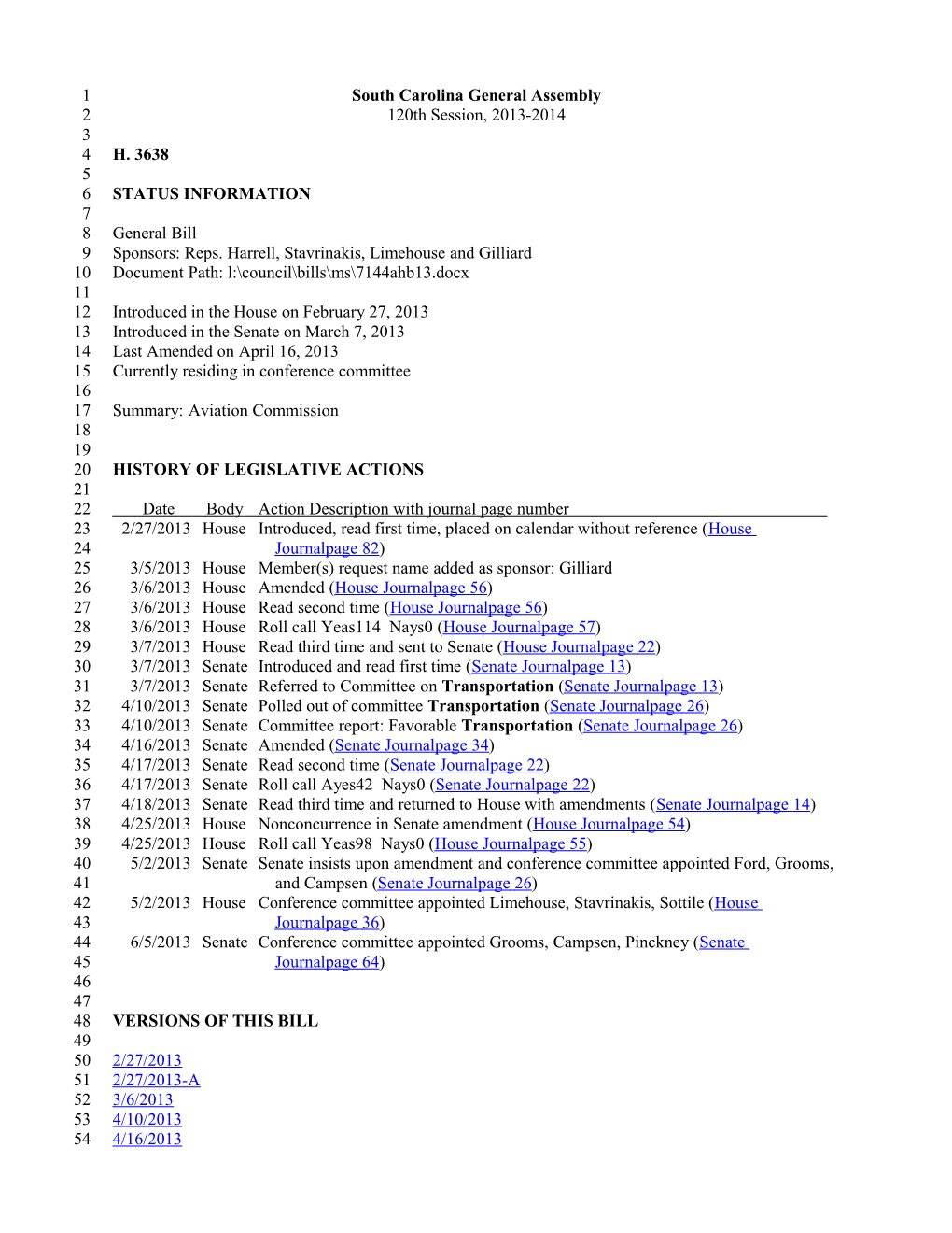 2013-2014 Bill 3638: Aviation Commission - South Carolina Legislature Online