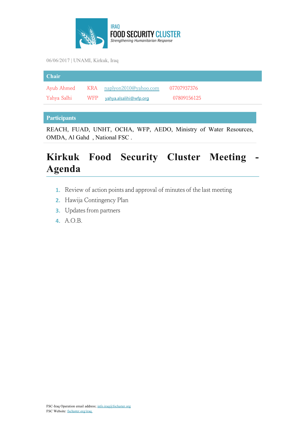 Kirkuk Food Security Cluster Meeting - Agenda