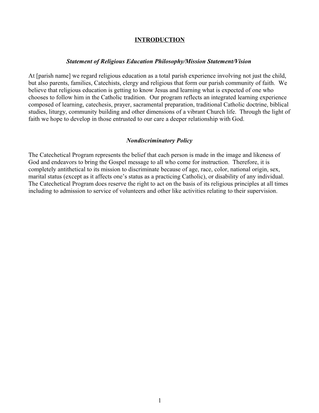 Statement of Religious Education Philosophy/Mission Statement/Vision