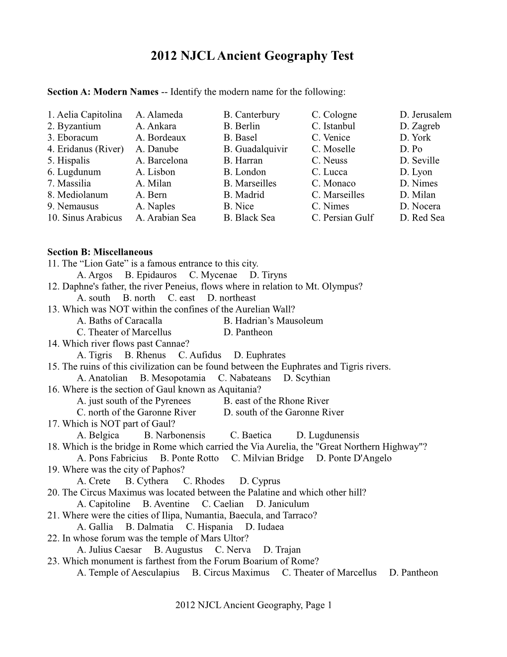 2012 NJCL Ancient Geography Test