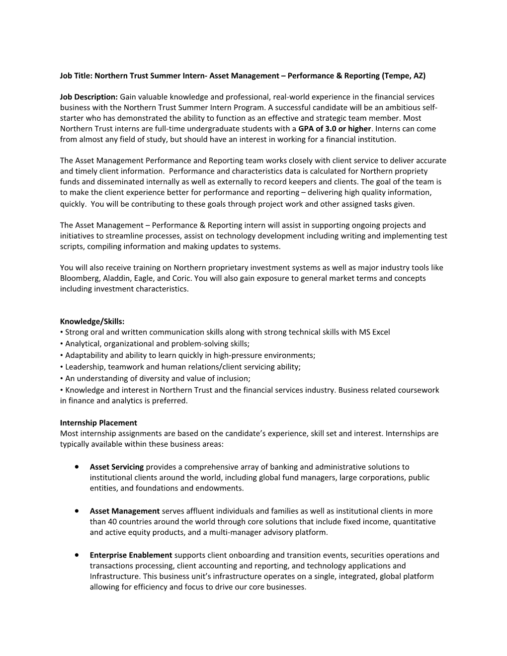 Job Title: Northern Trust Summer Intern- Asset Management Performance & Reporting (Tempe, AZ)