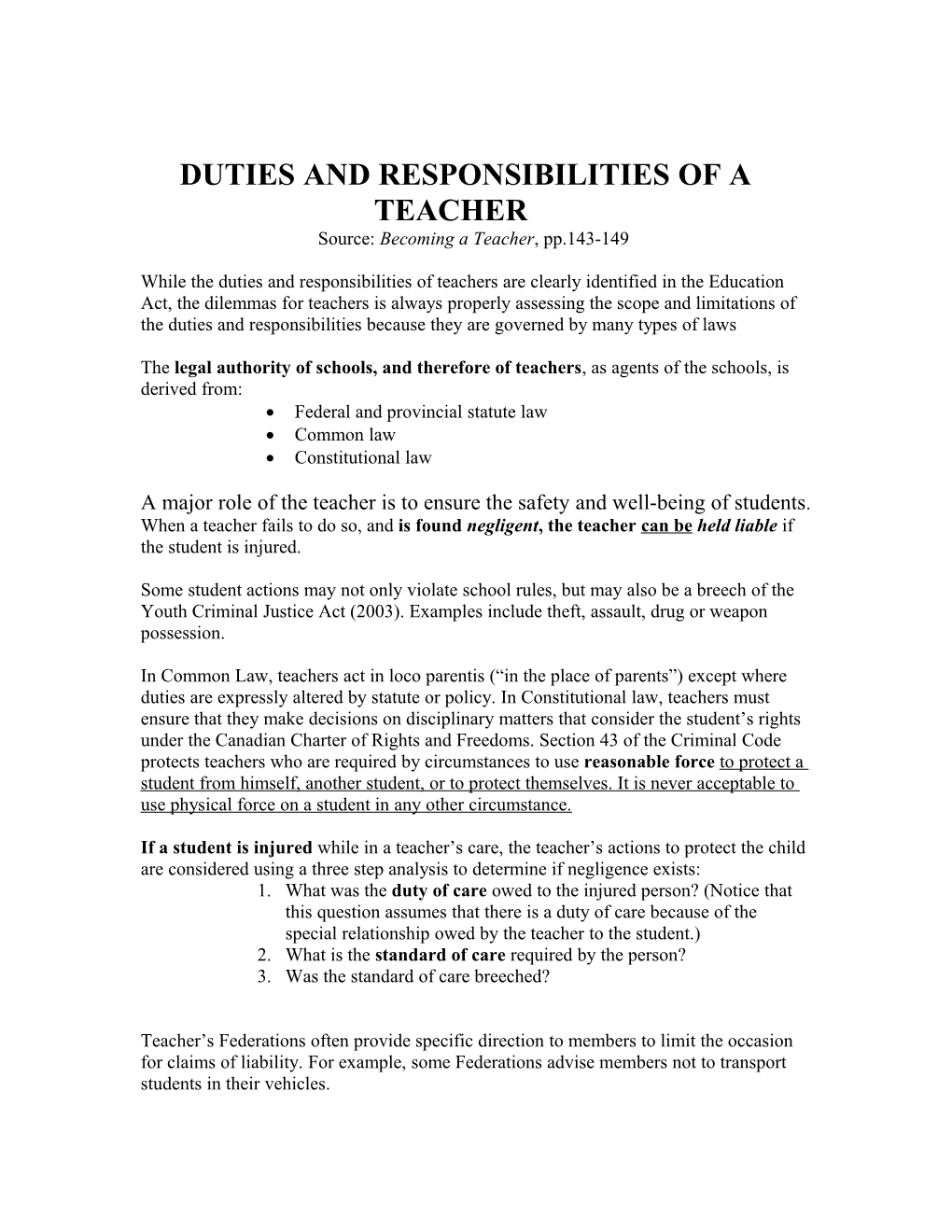 Duties and Responsibilities of A