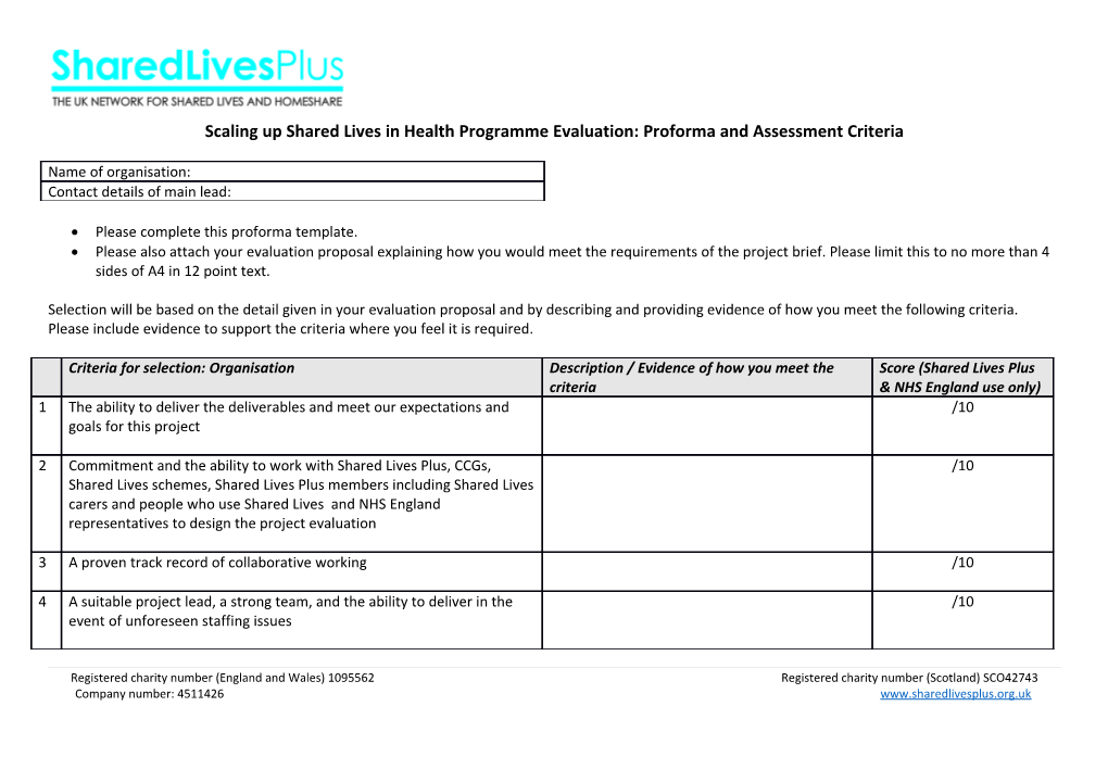 Scaling up Shared Lives in Health Programme Evaluation: Proforma and Assessment Criteria