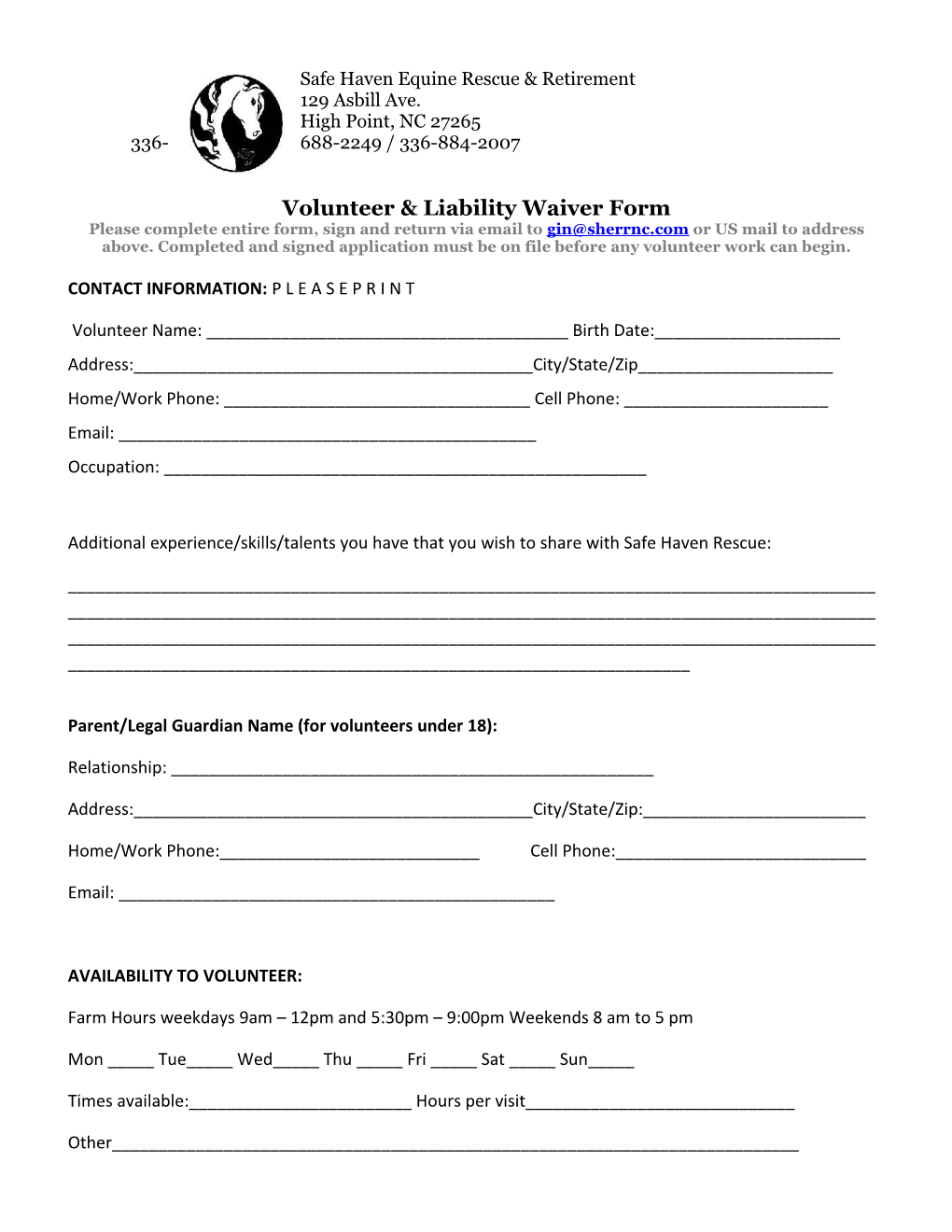 Volunteer & Liability Waiver Form