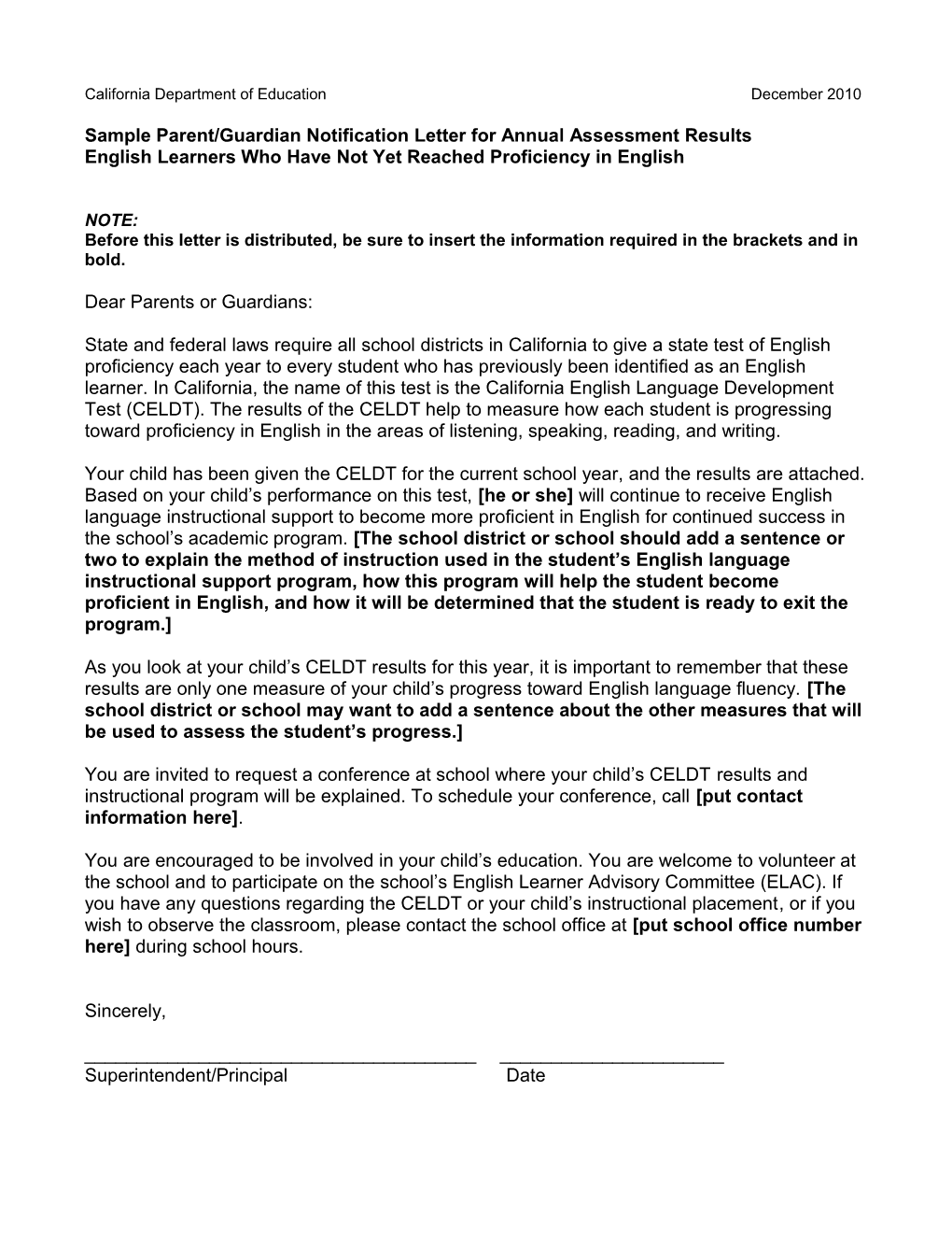 Parent Notification Letter for English Learner - CELDT (CA Dept of Education)