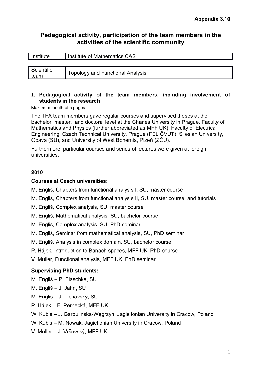 Pedagogical Activity, Participation of the Team Members in the Activities of the Scientific