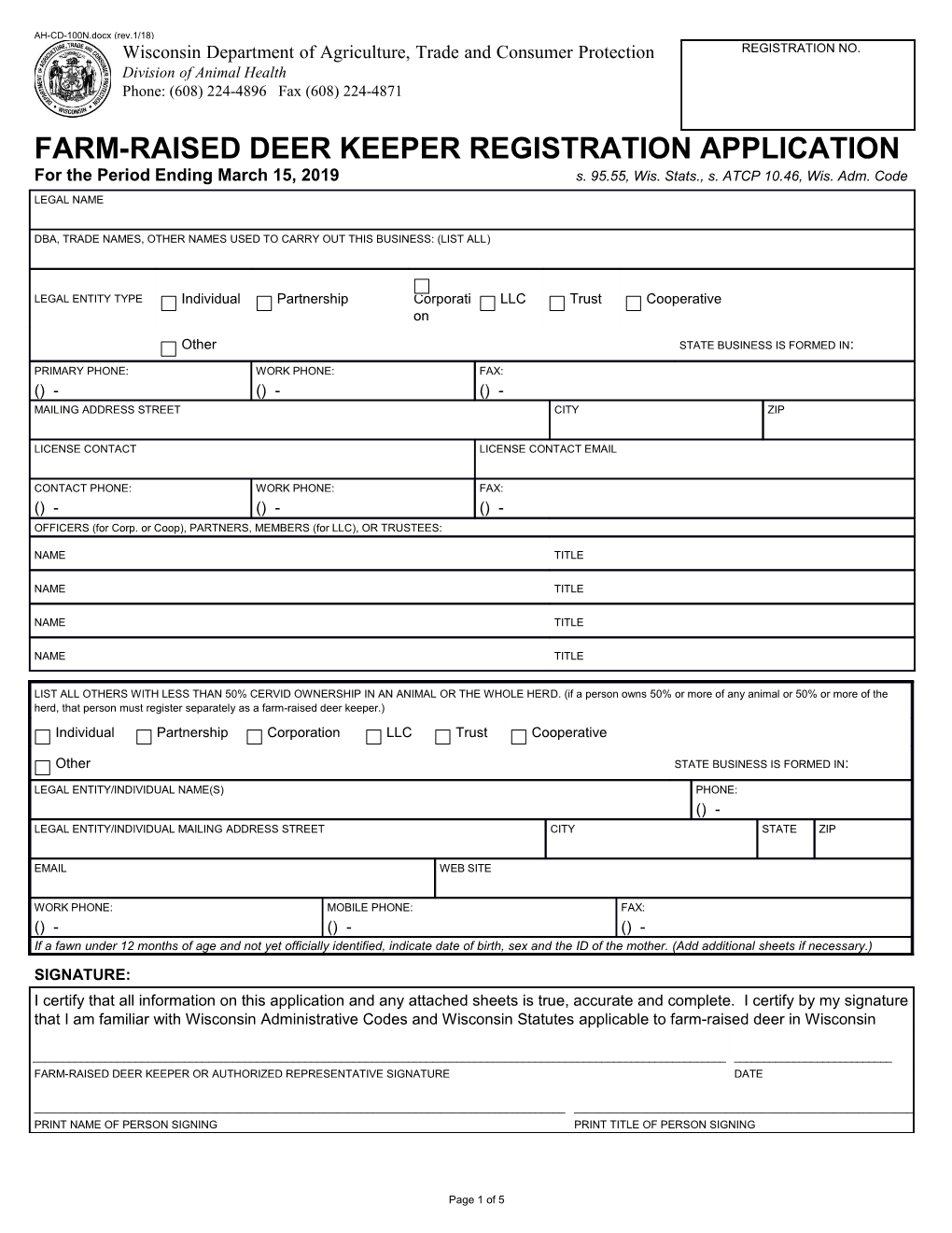 AH-CD-100N Farm Raised Deer Keeper Registration Application