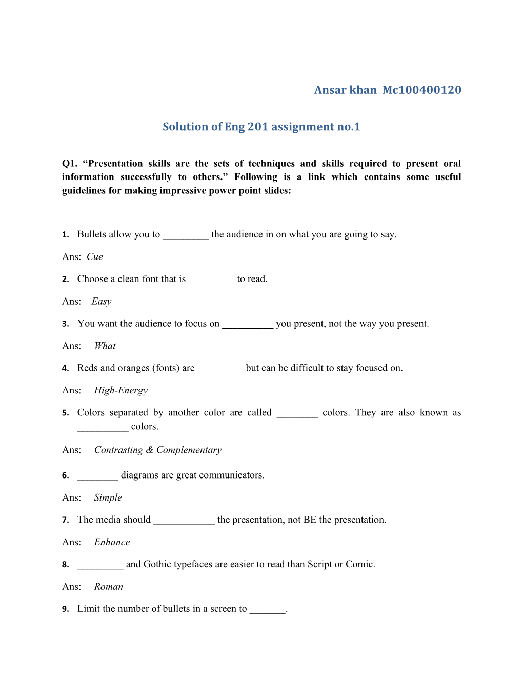 Solution of Eng 201 Assignment No.1