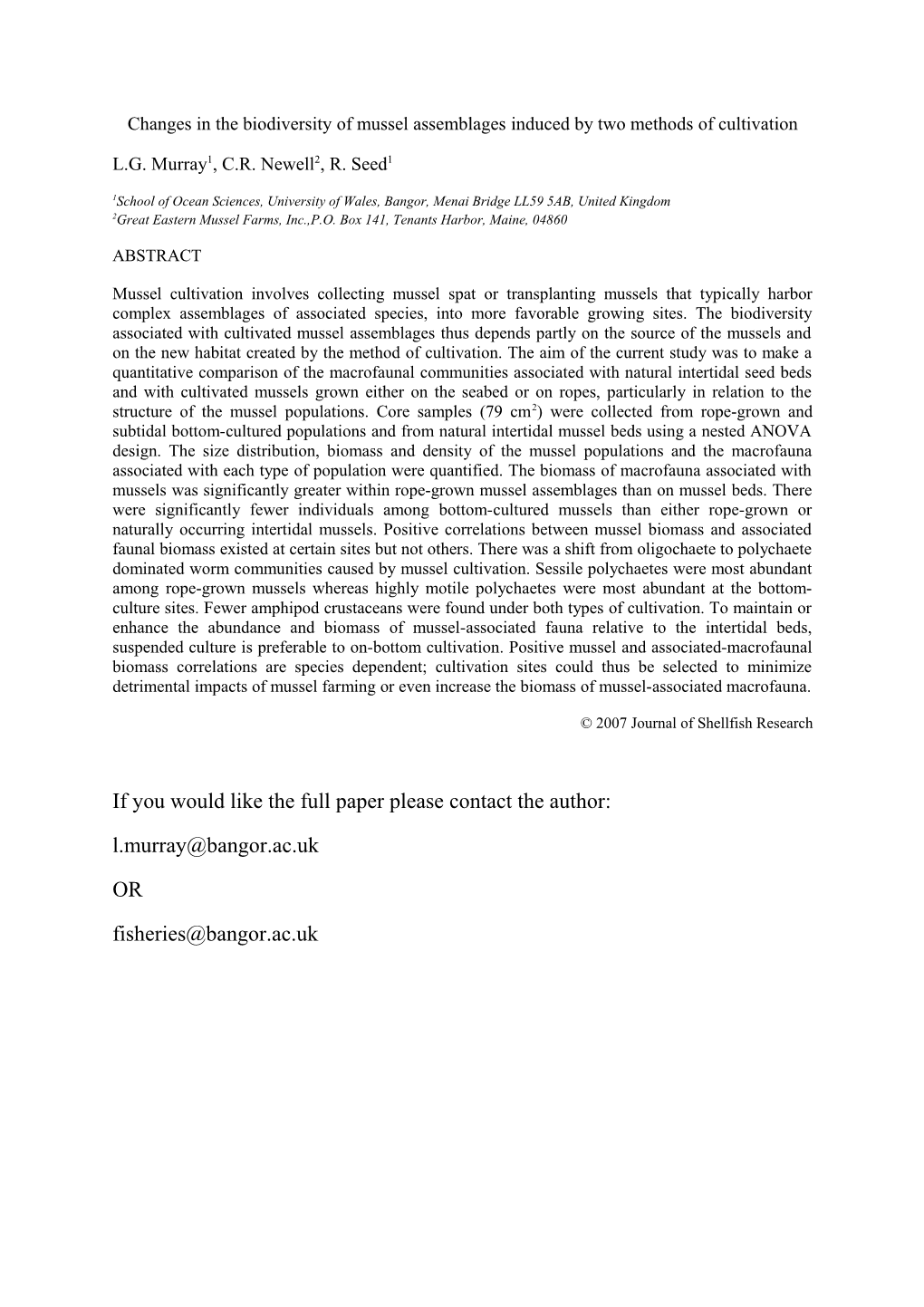 Changes in the Biodiversity of Mussel Assemblages Induced by Twomethods of Cultivation