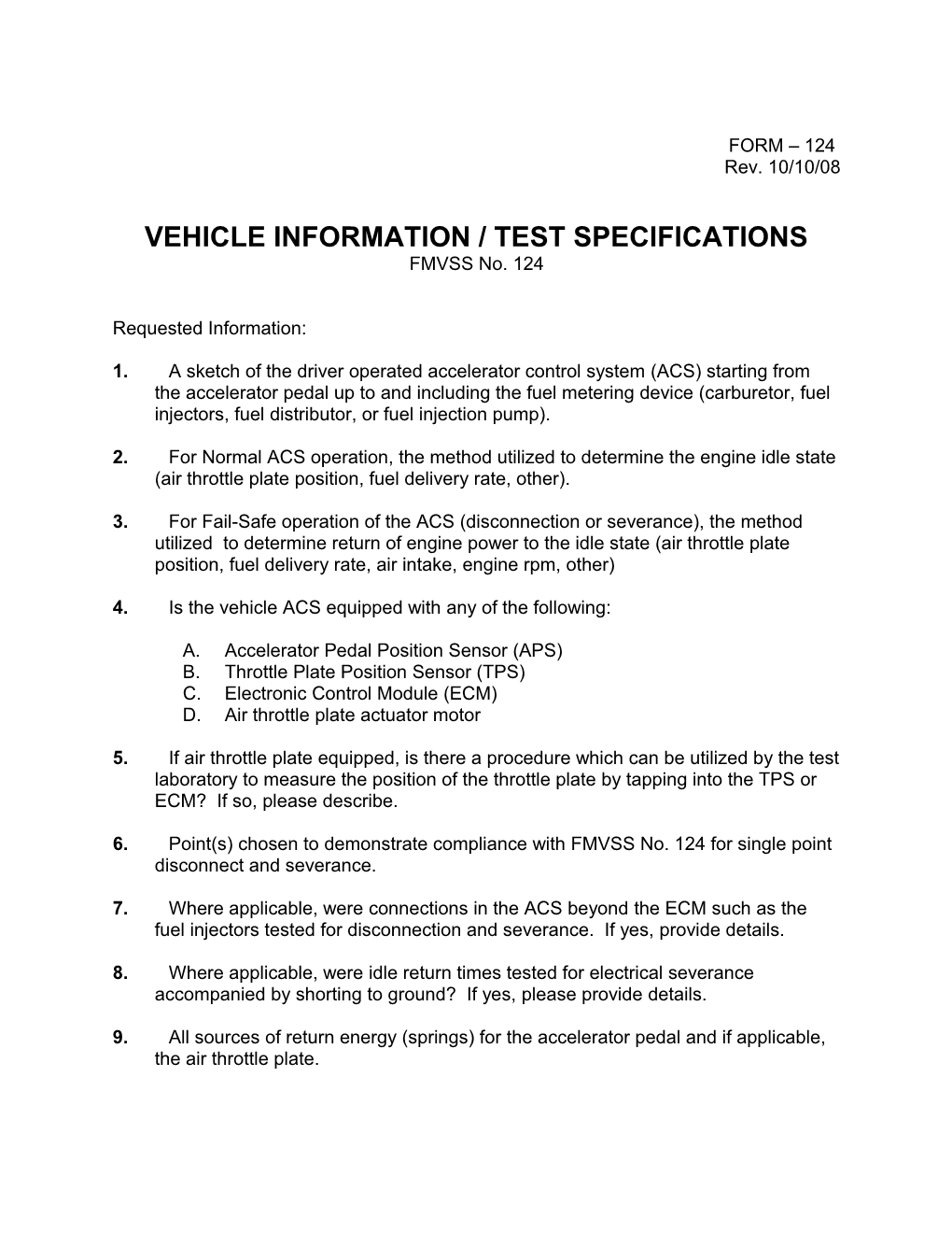 Vehicle Information/Test Specifications
