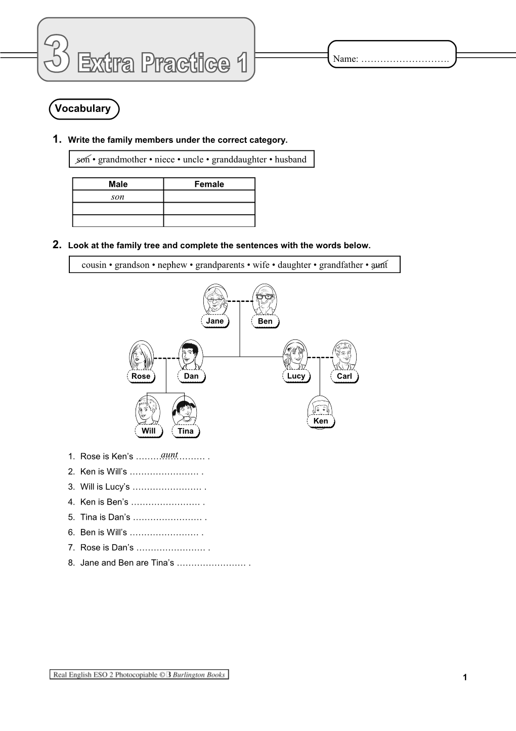 1. Write the Family Members Under the Correct Category