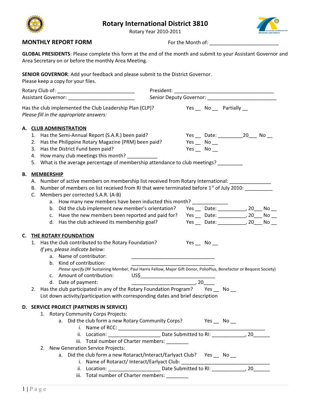 Monthly Report Form