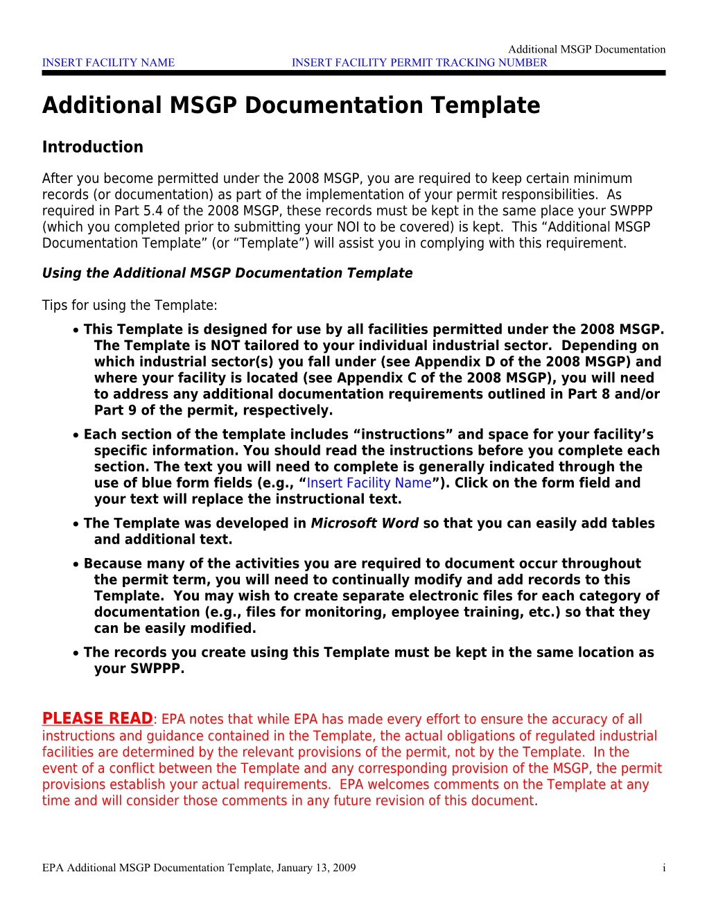 Additional SWPPP Documentation Template