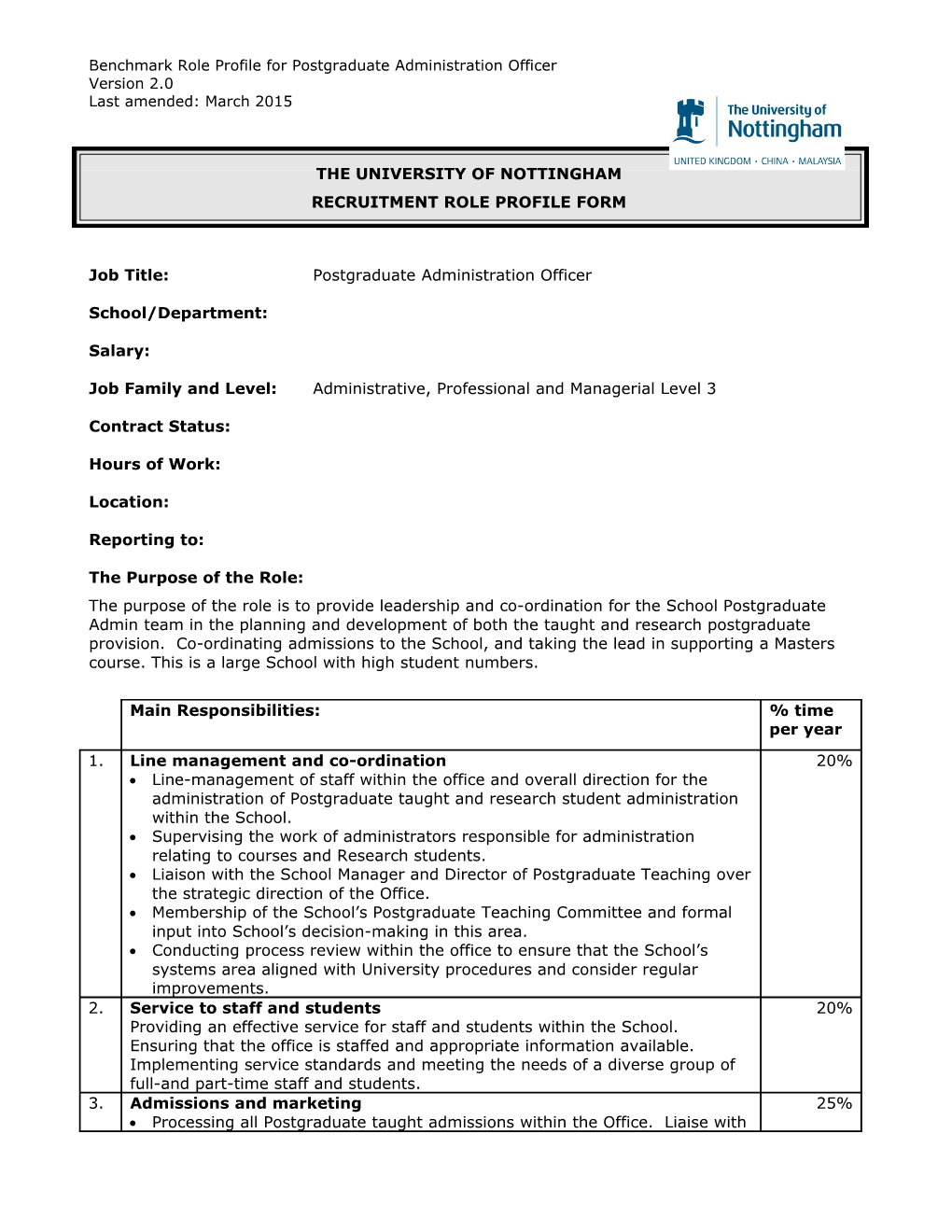 Benchmark Role Profile for Postgraduate Administration Officer