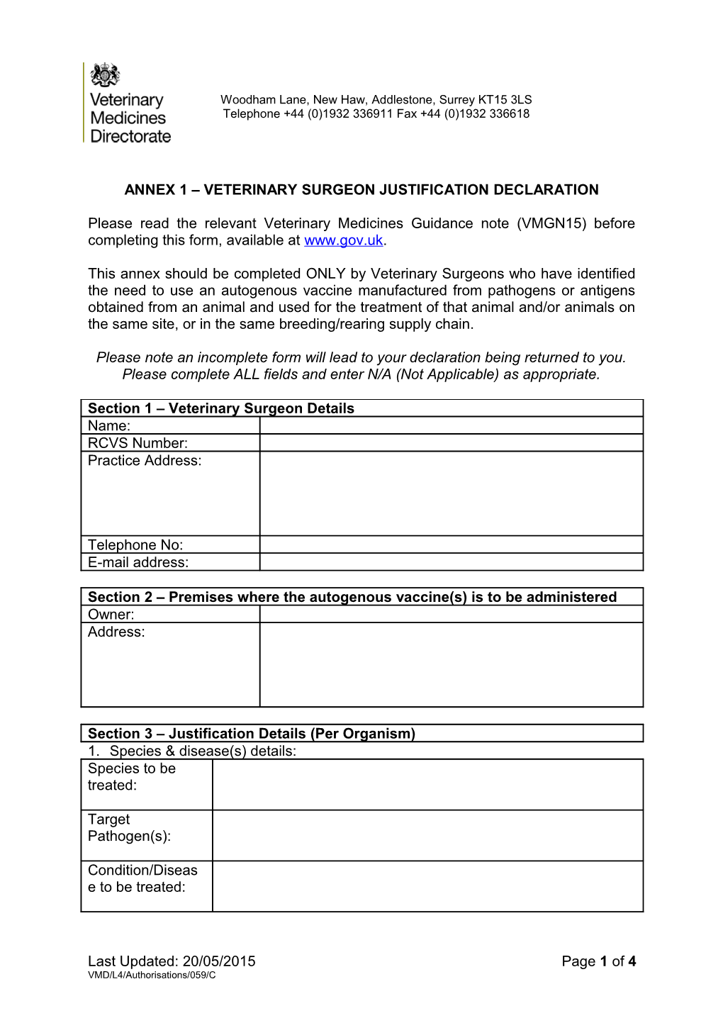 Annex 1 Veterinary Surgeon Justification Declaration