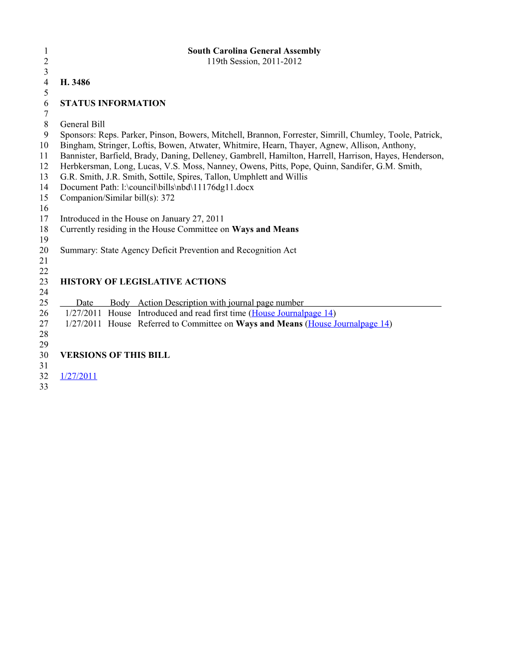 2011-2012 Bill 3486: State Agency Deficit Prevention and Recognition Act - South Carolina