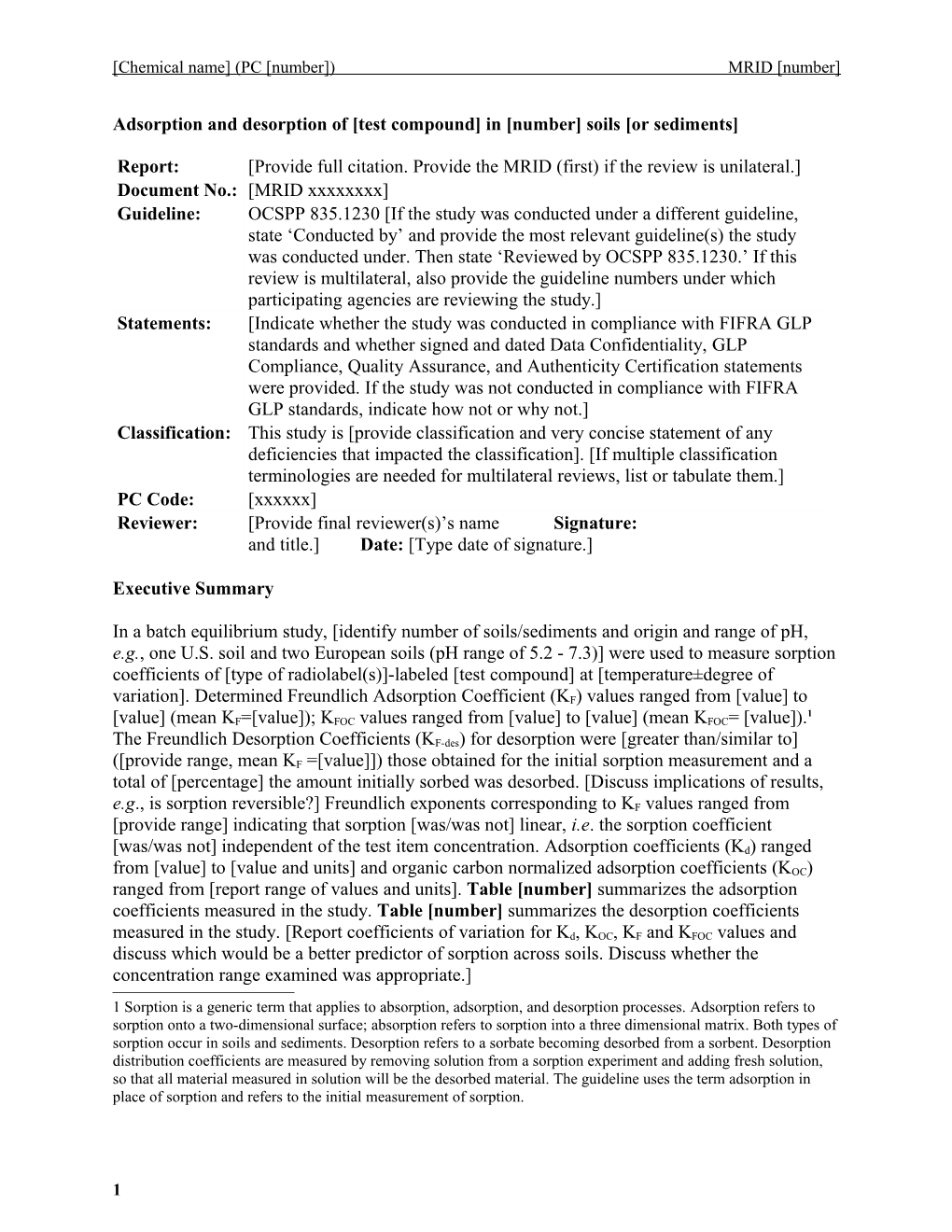 Adsorption and Desorption of Test Compound in Number Soils Or Sediments