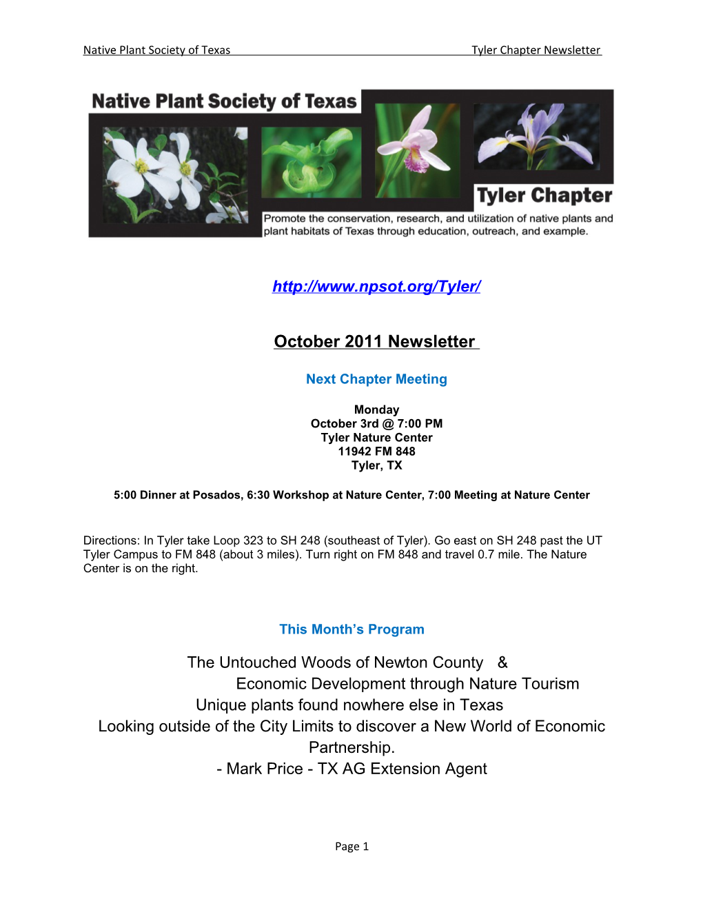 Native Plant Society of Texas Tyler Chapter Newsletter