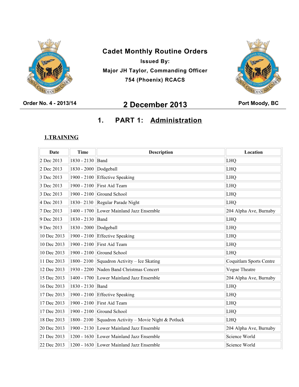 Cadet Monthly Routine Ordersissued By:Majorjh Taylor, Commanding Officer754 (Phoenix) RCACS