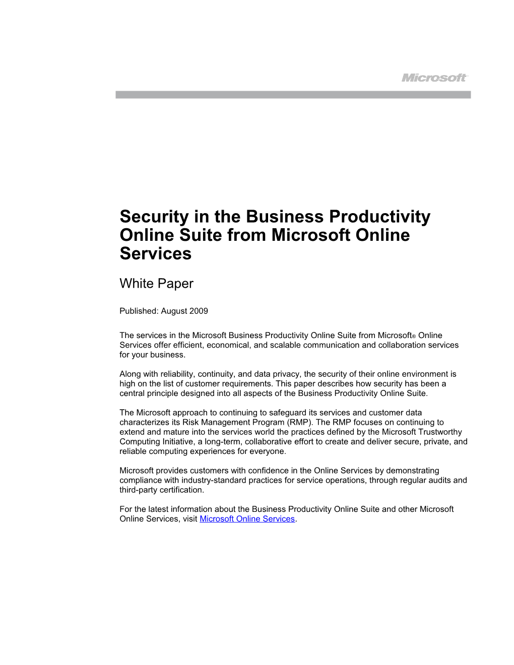 Security in the Business Productivity Online Suite from Microsoft Online Services