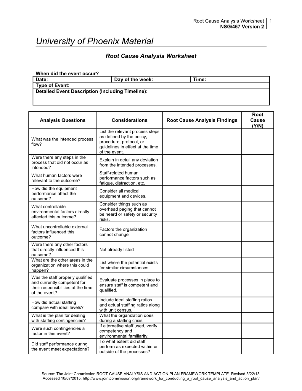 Root Cause Analysis Worksheet