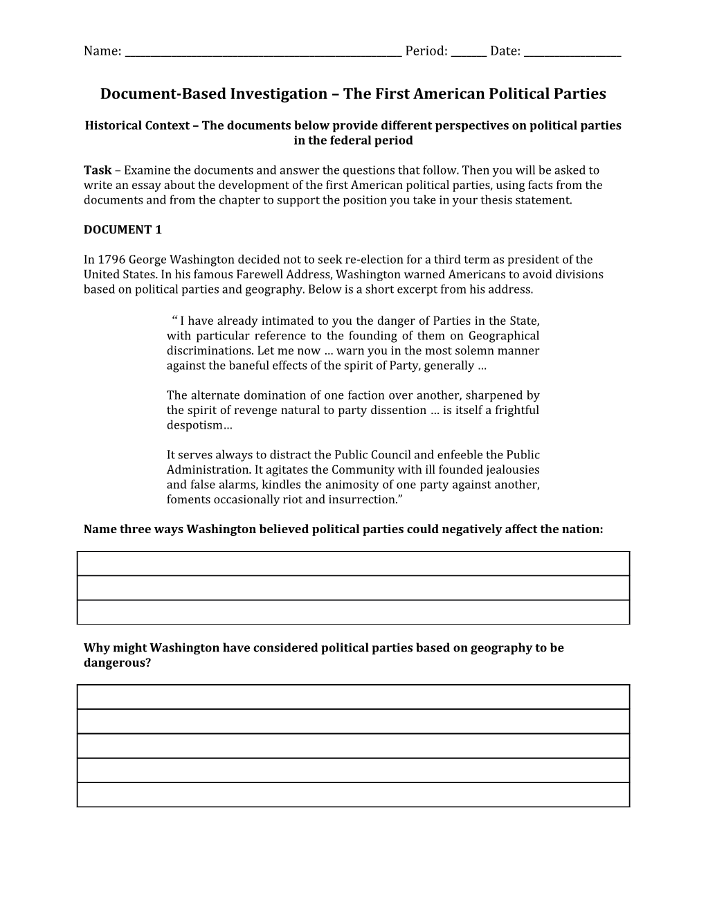 Document-Based Investigation the First American Political Parties