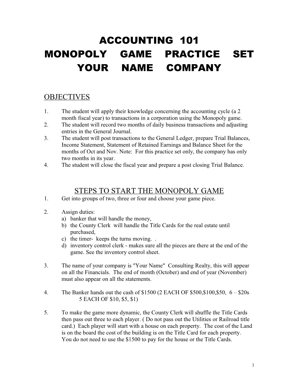 Monopoly Game Practice Set