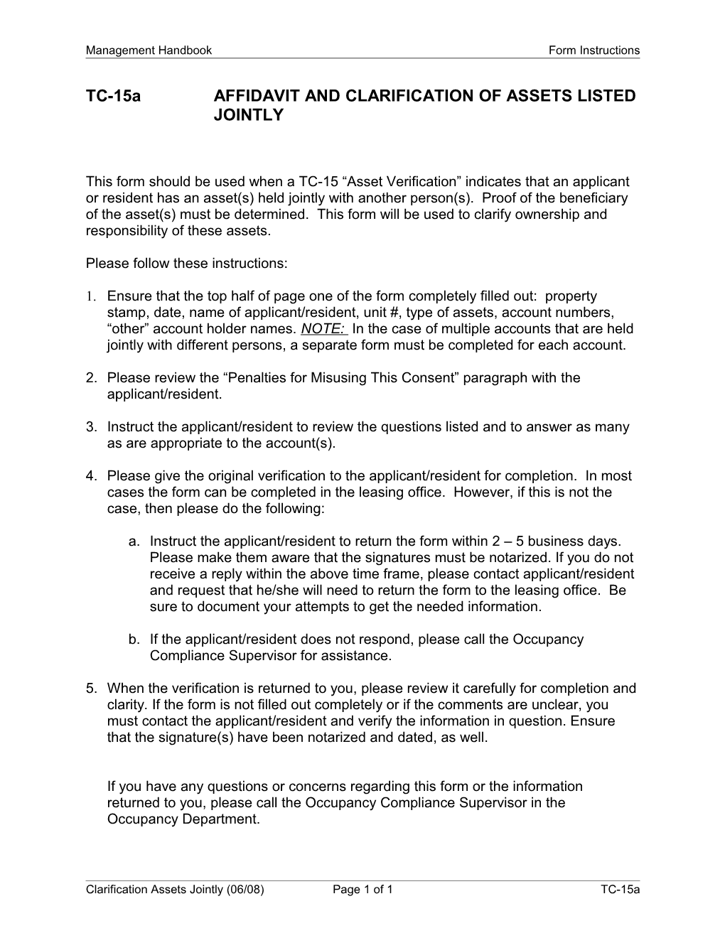 TC-15A AFFIDAVIT and CLARIFICATION of ASSETS LISTED JOINTLY