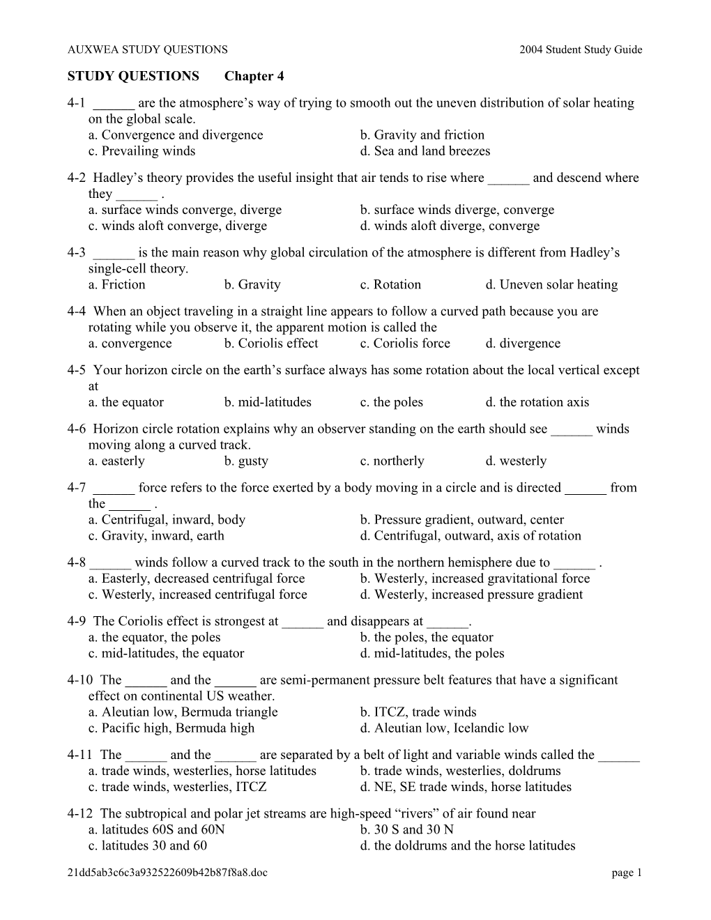 AUXWEA STUDY QUESTIONS 2004 Student Study Guide