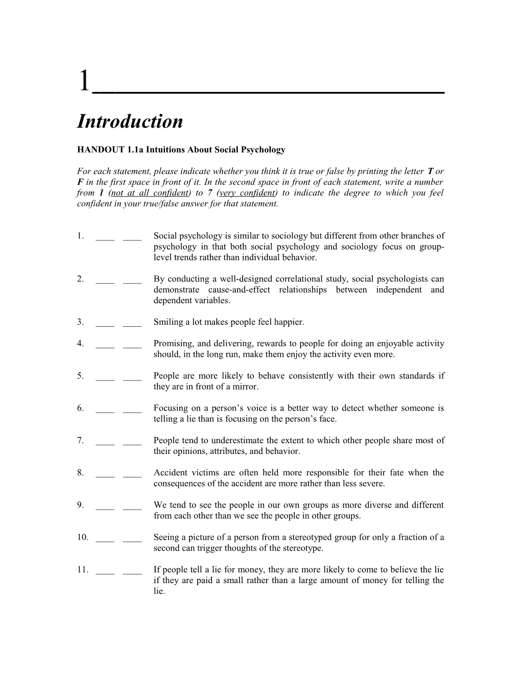HANDOUT 1.1A Intuitions About Social Psychology