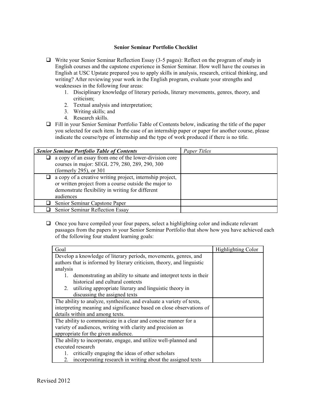 Senior Seminar Portfolio Checklist