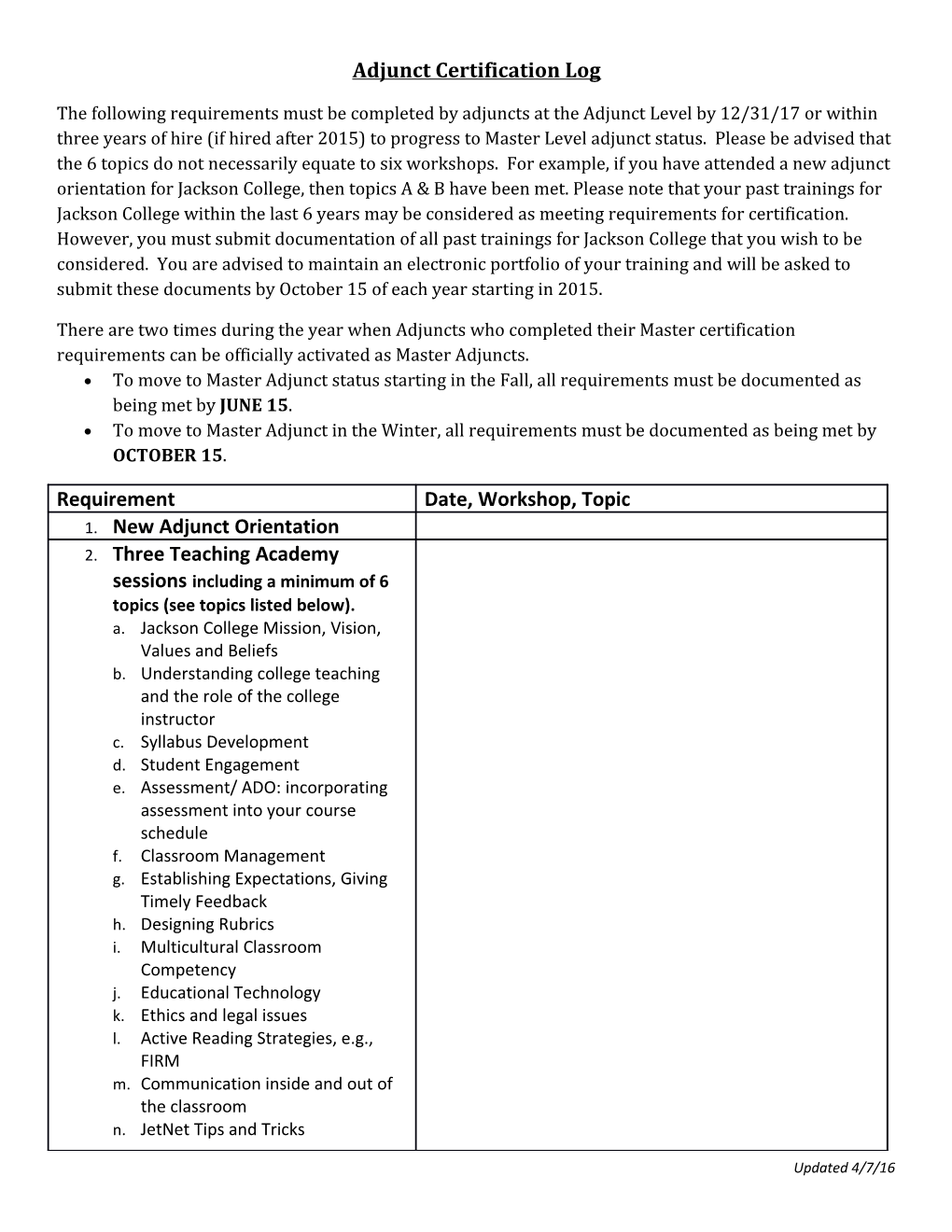 Adjunct Certification Log