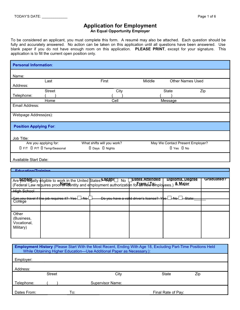 Employment Application Form - Sample