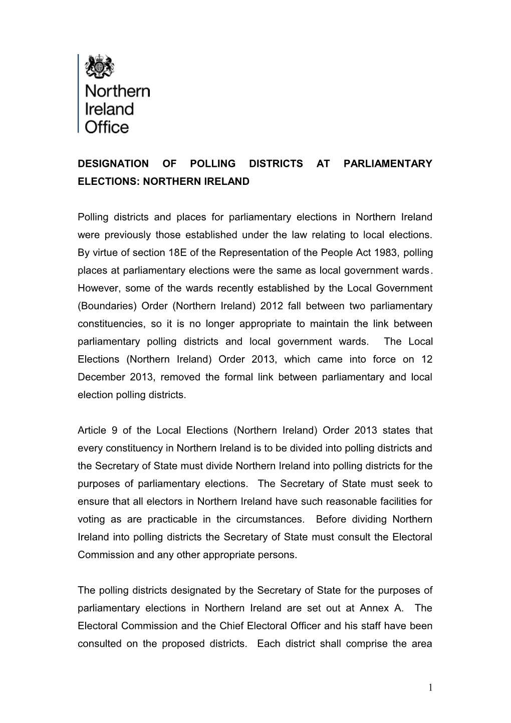 Designation of Polling Districts at Parliamentary Elections: Northern Ireland