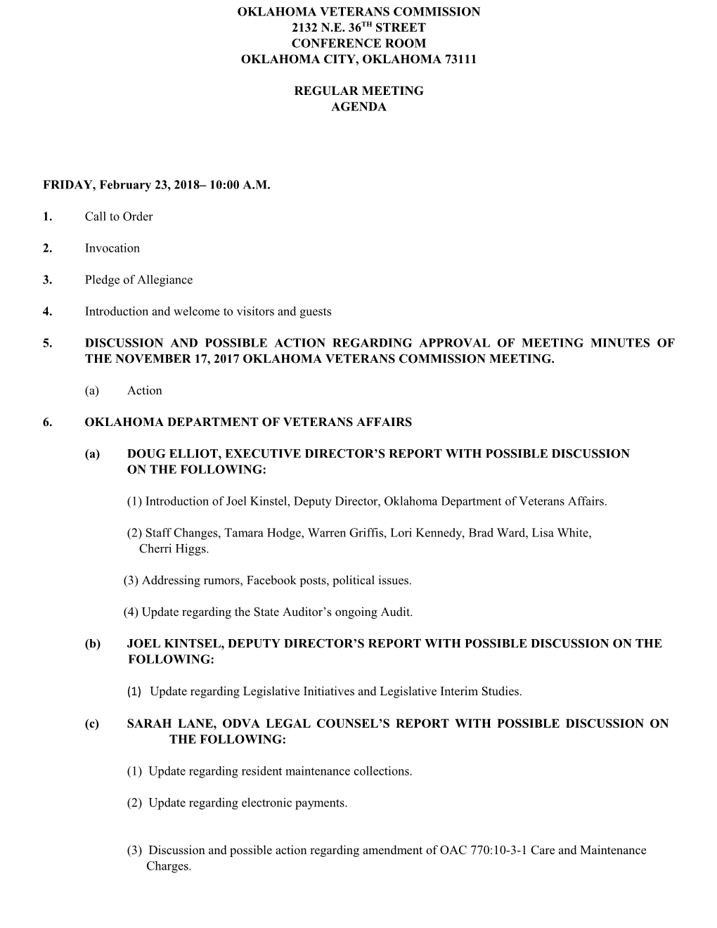 OKLAHOMA VETERANS COMMISSION MEETING AGENDA Page 1