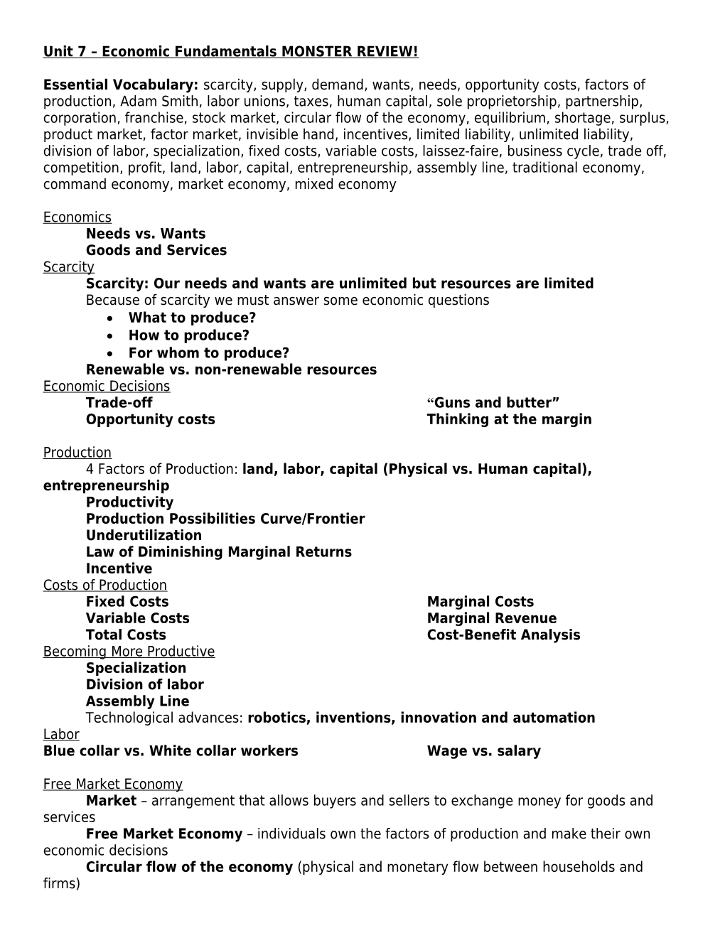 Unit 7 Economic Fundamentals MONSTER REVIEW!