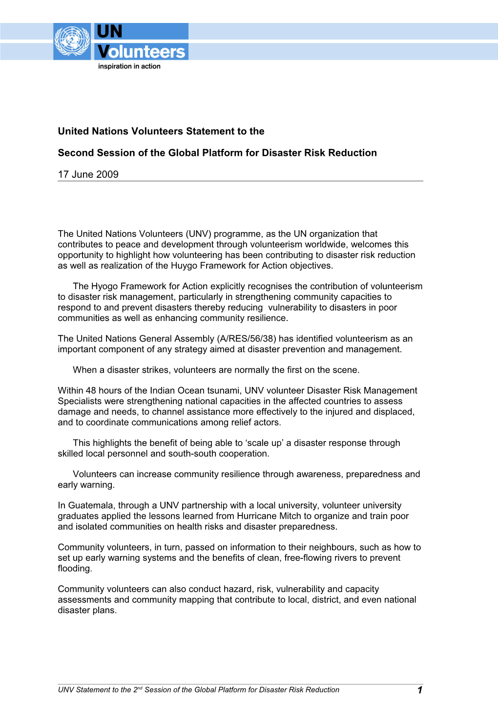 United Nations Volunteers Statement to the Second Session of the Global Platform for Disaster